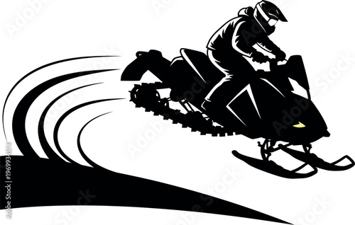Silhouette of a person riding a snowmobile on a snowy slope
