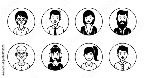 Diversity in Portrait Avatars: A collection of diverse person portraits, each within a circular frame, representing a spectrum of individuals. These avatars provide a versatile visual toolkit.