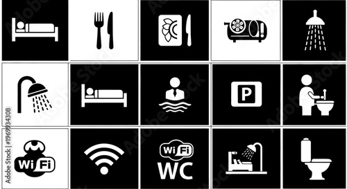 Hotel Amenities Icons: A collection of concise, monochromatic icons representing a range of hotel facilities, from essential comforts to convenient services.