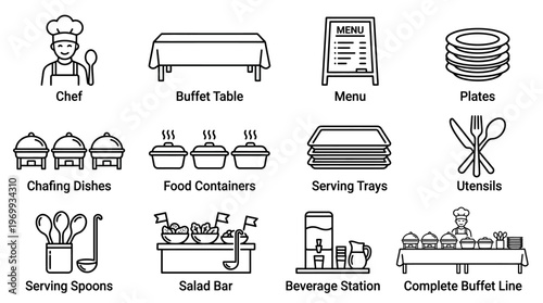 Buffet service icons set with chef, table, menu, plates, dishes, trays, utensils, bar outline design