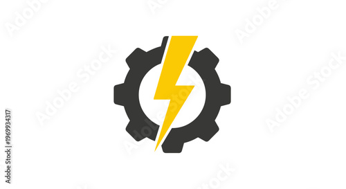 Powering Innovation: A bold graphic of a gear encompassing a lightning bolt symbolizes the fusion of mechanics and electricity, signifying innovation and technological progress.