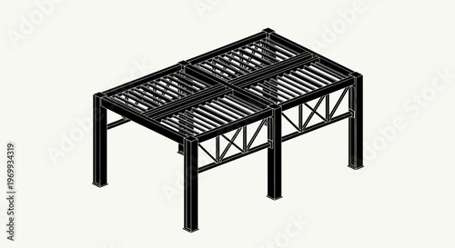 Industrial Grid Structure: A precise and intricate black steel grid structure, its geometric design highlighting a sturdy architectural framework. It is a symbol of strength and industrial aesthetics.