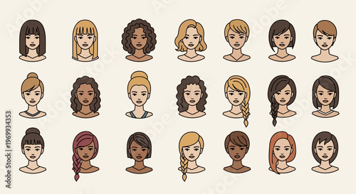 Diverse Female Faces: A collection of various female faces, each with a unique hairstyle, skin tone, and expression, representing the beautiful diversity of women and celebrating individuality.