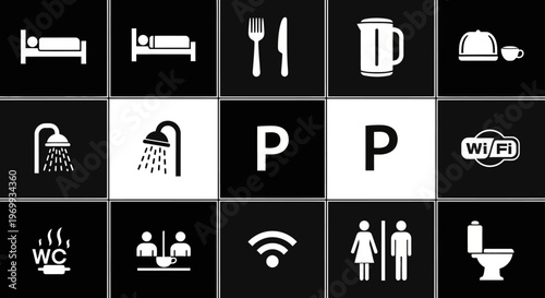 Hotel Amenities and Services Icons: A collection of simple, stylized icons representing various amenities and services, essential for a comfortable and convenient stay.
