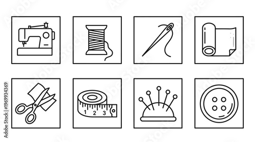 Sewing tools icons set with machine, thread, needle, fabric, scissors, tape, pins, button outline design