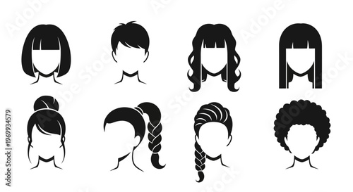 Diverse Hairstyles: A collection of various female hairstyles showcasing a range of cuts and styles.