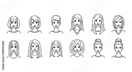 Diverse Hairstyles Illustrated: A collection of various hairstyles showcases a spectrum of cuts and styles, offering inspiration for individual expression and creativity.