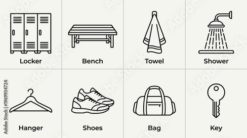 Gym locker room icons set with locker, bench, towel, shower, hanger, shoes, bag, key outline design