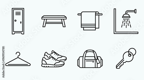 Gym locker room icons set with locker, bench, towel, shower, hanger, shoes, bag, key outline design