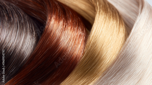 glossy hair color swatches with reflective shine and silky texture, professional hair dye palette with vibrant pink purple and brown tones, luxury hair care and salon coloring product display