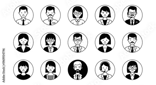 Diverse Avatar Icons: A collection of meticulously crafted, clean-lined avatar icons. These diverse portraits, offer a versatile array of options for personal representation.