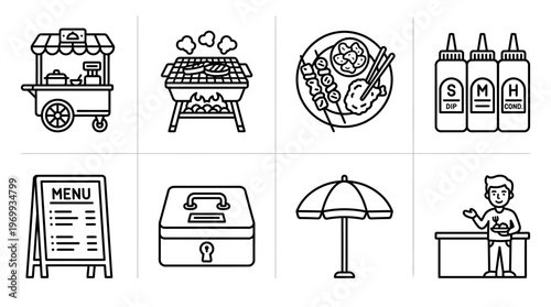 Street food icons set with cart, grill, snacks, sauces, menu, cash box, umbrella, customer outline design