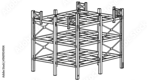 Industrial Structure Blueprint: A detailed technical drawing showcases the intricate design of a multi-level industrial metal framework, highlighting structural supports and bracing.