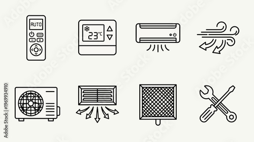 Air conditioning icons set with unit, remote, airflow, compressor, vent, filter, tools outline design