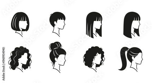 Diverse Hairstyles Silhouettes: A collection of eight stylish silhouettes showcase a range of different hairdos and haircuts.