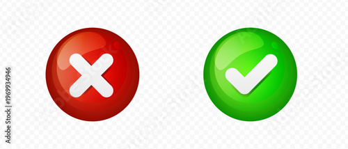 Glossy red cross and green checkmark buttons with shadow. Correct and incorrect choice