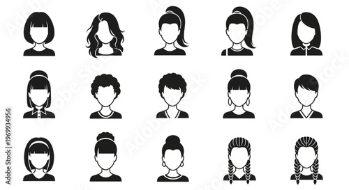 Style Icons: A collection of diverse avatars, symbolizing individuality through unique hairstyles, each ready to represent various personalities, profiles, or creative concepts.