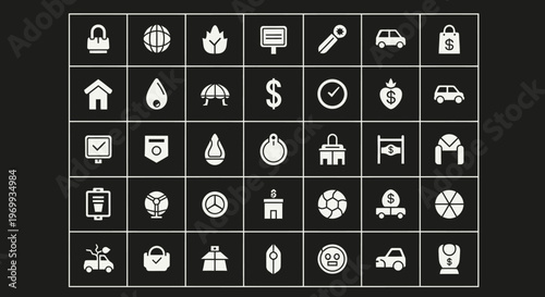 Iconic Essentials: A Grid of essential icons representing diverse aspects of life and industry, presented in a clean, modern design. The composition is a visual encyclopedia of symbols.