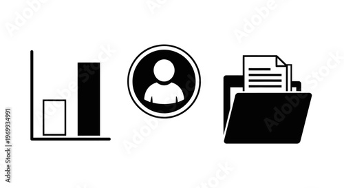 Data and Insights: Clean, modern icons representing key business concepts: data analysis, personal profile, and file management.