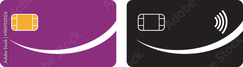 Two credit cards purple and black designs with chip and contactless symbols
