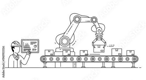 Automation in Action: A detailed illustration of a factory setting, showcasing a worker interacting with machinery that efficiently packages products along a production line.