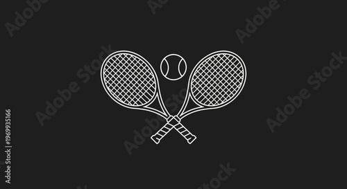Tennis Racquets and Ball: A monochrome artistic representation of a tennis ball resting between two crossed racquets, with emphasis on design and the sport itself.