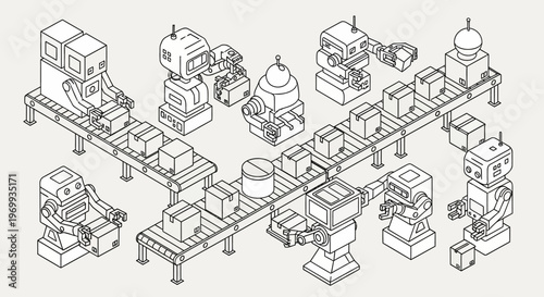 Automated Factory: Robots meticulously manage a production line, assembling packages with precision and efficiency. Witness the future of industry