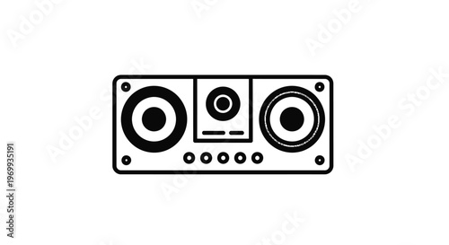 Sound System Icon: A minimalist black and white icon of a sophisticated sound system, the speakers taking center stage, symbolizing sound and audio. 