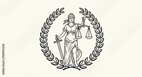 Symbol of Justice: A classic illustration of Lady Justice, blindfolded and holding scales and a sword, enclosed by a laurel wreath, representing fairness and impartiality.
