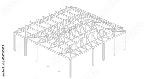 Architectural Framework: A detailed architectural rendering showcasing the structural integrity of a building, highlighting the precise framework of beams, pillars, and rafters.