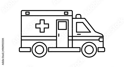 Emergency Vehicle Icon: A minimalist outline of a modern ambulance, designed with clean lines and essential details, conveying a sense of urgency and assistance.
