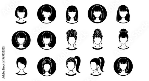 Hair Styling Icons: A graphic collection of diverse hairstyles, showcasing a variety of cuts and styles from elegant updos to casual ponytails. These icons symbolize individuality, beauty and trends.