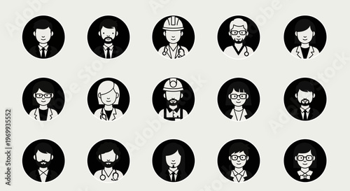 Portraits of Professionals: A collection of distinct portrait icons, representing diverse professional roles, offering a glimpse into various career paths and occupations, ideal for design concepts.