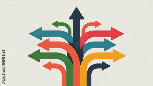 Multicolored arrows pointing upward and sideways on light background symbolizing growth and options