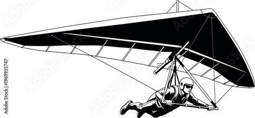 Silhouette of a person hang gliding in a black and white illustration