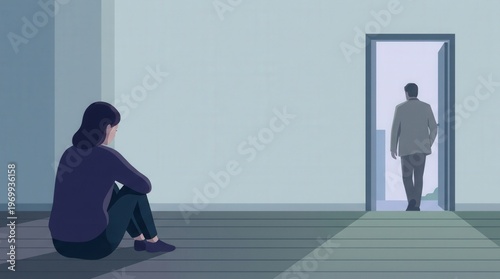 A man walking away from partner in flat minimal illustration style. Depressed woman sits on floor while man leaves through open door. Conceptual art of relationship breakup and domestic loneliness.