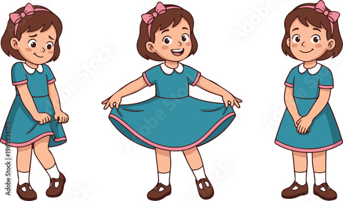 Cute cartoon illustration of a little girl in a blue dress showing different poses, smiling child character isolated on white background, ideal for kids design, education, and animation projects.