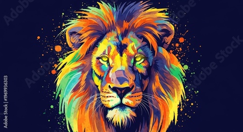 Vibrant lion portrait with colorful mane and face paint stares forward intensely