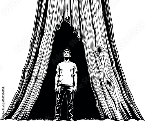 Silhouette of a man standing in a dark archway with curtains