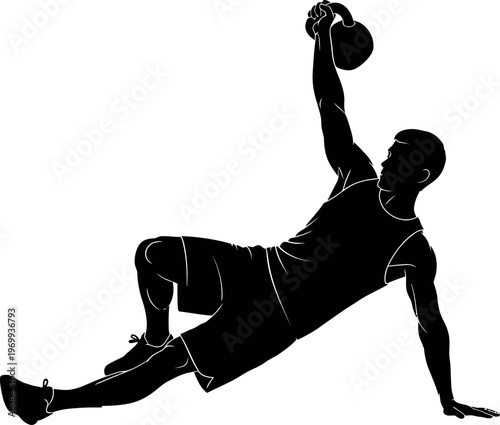 Silhouette of a person in a side plank position with one arm raised