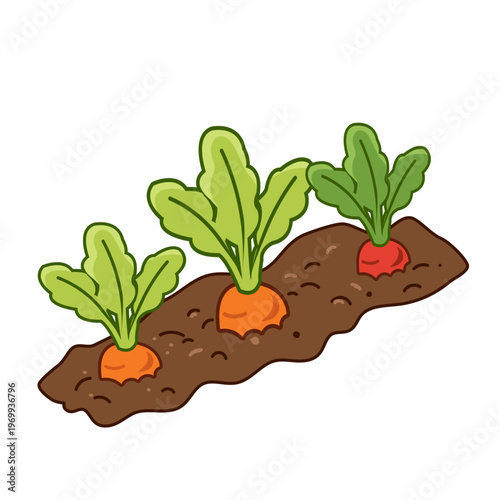 Description (up to 130 chars):
Vector illustration of fresh carrots and radish growing in a soil garden bed. Flat design for gardening and organic food.
