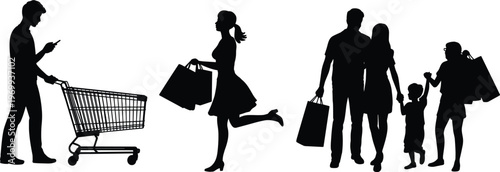 Shopping silhouettes, consumer lifestyle, family carrying bags, retail activity, smartphone shopper, energetic walking, modern commerce, urban shopping culture, people buying goods, marketplace