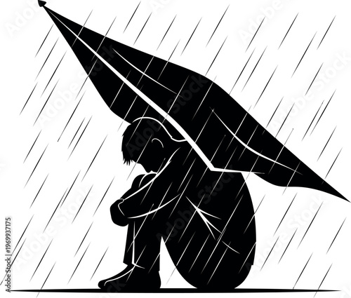 Silhouette of a person struggling with a large umbrella in the rain