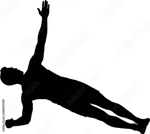 Silhouette of a person in a side plank position with arm raised