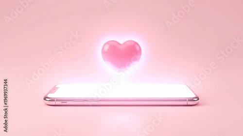 Smartphone with floating 3d heart on a pink background. Digital romantic message notification. Love concept for Valentine Day, mobile app communication, online dating, and virtual connection