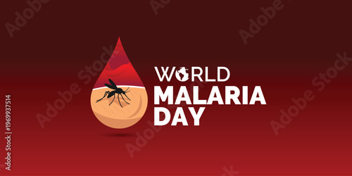 Professional Concept for World Malaria Day (April 25): A clean vector illustration featuring a mosquito silhouette biting human skin, creatively framed within a red blood drop. This design symbolizes 