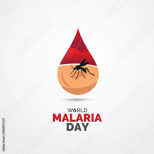 Professional Concept for World Malaria Day (April 25): A clean vector illustration featuring a mosquito silhouette biting human skin, creatively framed within a red blood drop. This design symbolizes 