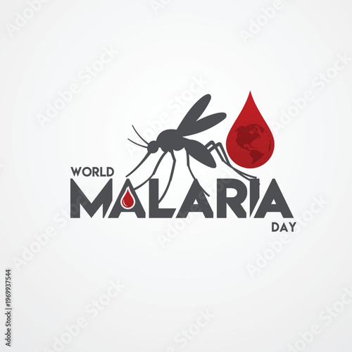 Professional Concept for World Malaria Day (April 25): A clean vector illustration featuring a mosquito silhouette biting human skin, creatively framed within a red blood drop. This design symbolizes 