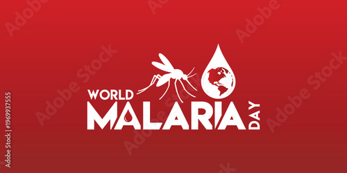 Professional Concept for World Malaria Day (April 25): A clean vector illustration featuring a mosquito silhouette biting human skin, creatively framed within a red blood drop. This design symbolizes 