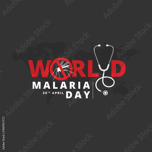 Professional Concept for World Malaria Day (April 25): A clean vector illustration featuring a mosquito silhouette biting human skin, creatively framed within a red blood drop. This design symbolizes 